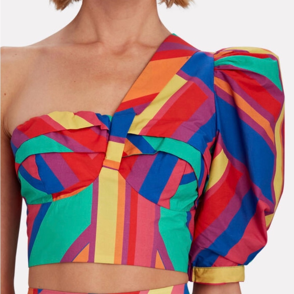 FARM Rio Brunas Stripe One-Shoulder Cotton Crop Top Size S